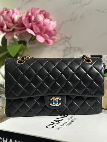 Chanel 21B Black Lambskin Small Classic Flap with Rose Gold Hardware 