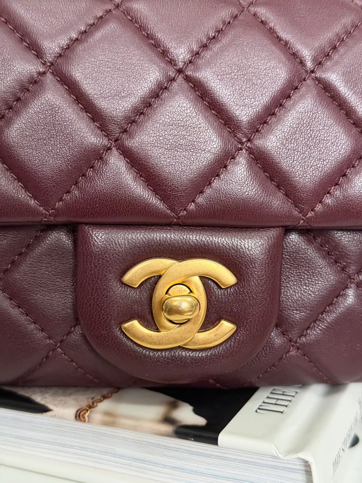 CHANEL 21B Burgundy Lambskin Aged GHW Pearl Crush Adjustable Chain Mini rectangular flap Bag 2021