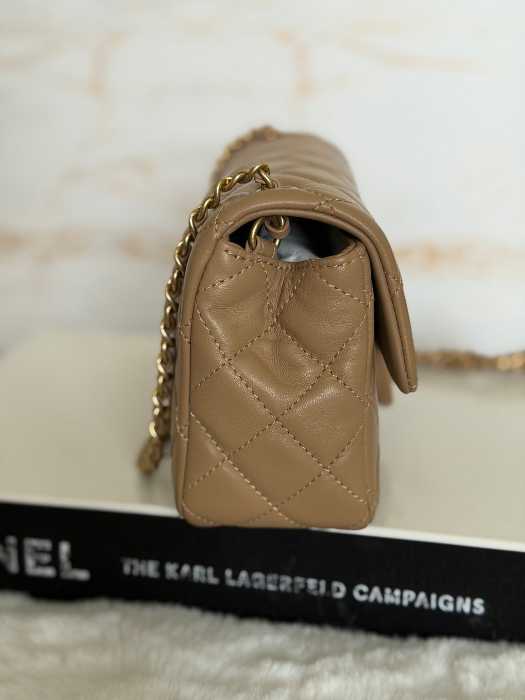CHANEL 22B Taupe Dark Beige Lambskin Aged GHW Pearl Crush Adjustable Chain Mini Rectangular Flap Bag 2022
