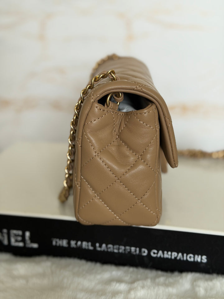 CHANEL 22B Taupe Dark Beige Lambskin Aged GHW Pearl Crush Adjustable Chain Mini Rectangular Flap Bag 2022