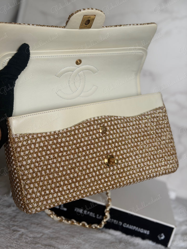 CHANEL series 17 Beige/Ivory Gold Tweed Medium ML Timeless Classic Double Flap Bag 2012 with LGHW