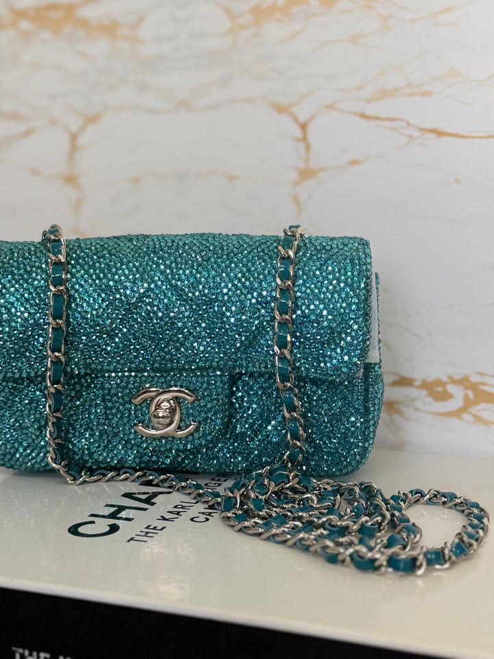 CHANEL series 21 Turquoise Teal Green Blue Diamanté Swarovski Crystal Strasssd Extra Mini Flap Bag with SHW *unicorn* RARE