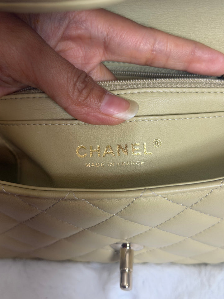 CHANEL 23A Pistachio Green Lambskin LGHW Mini Rectangular Flap Bag with Top Handle 2023