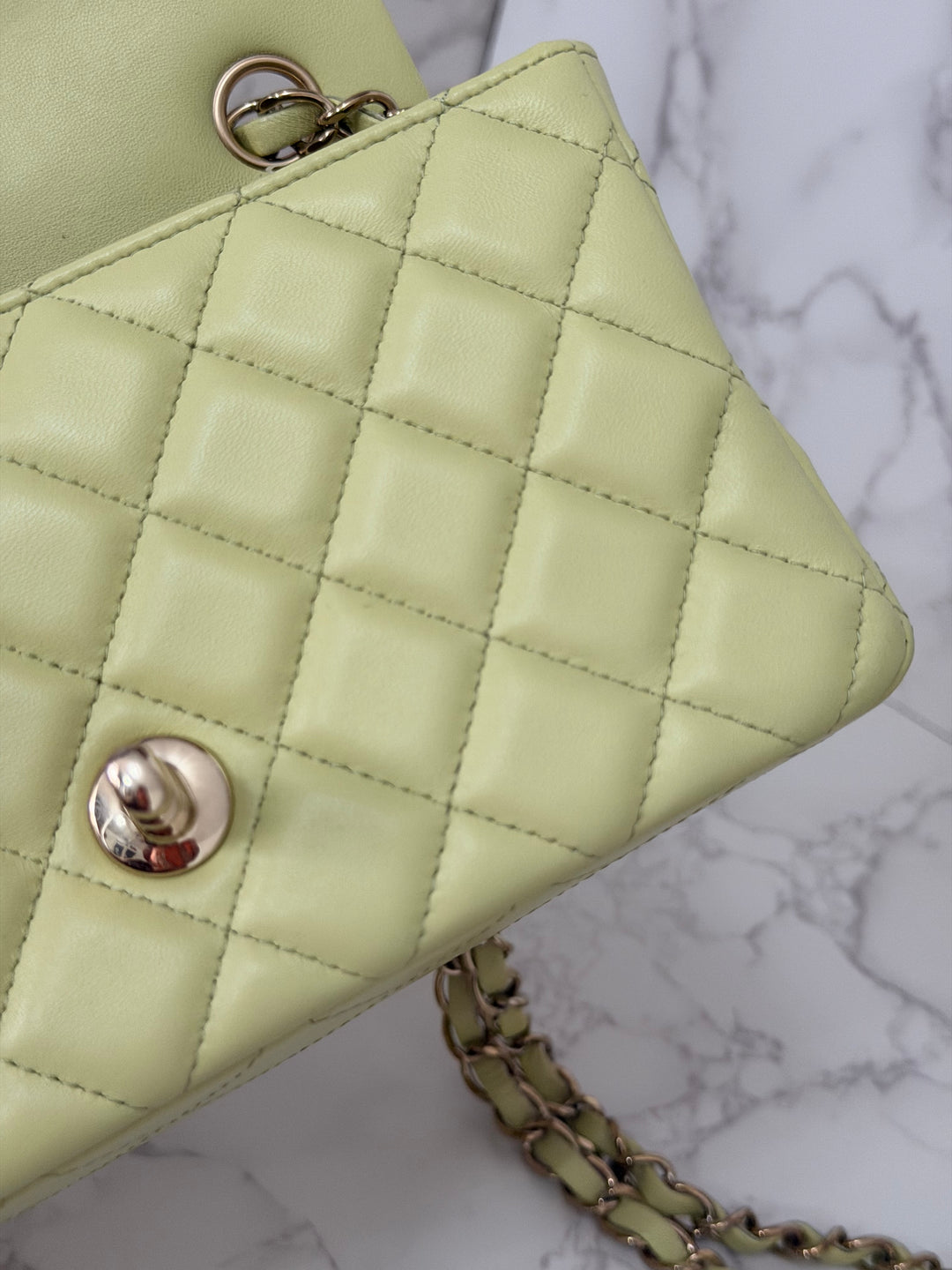 CHANEL 23C Collection 2022/2023 Cruise Pistachio Green Lambskin Mini Rectangular Flap Bag with Champagne GHW