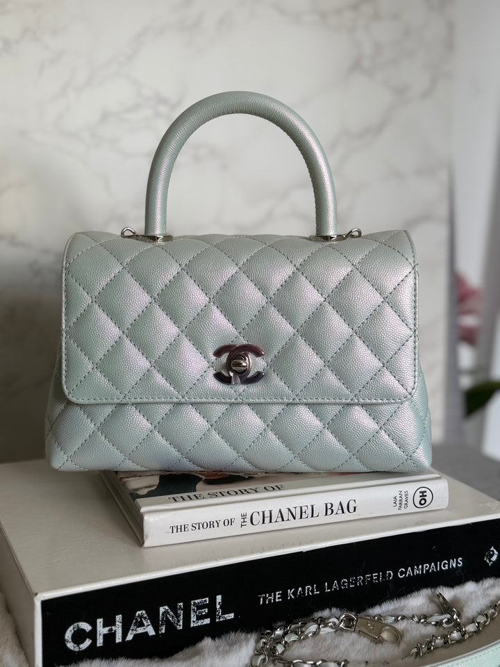 CHANEL 21K iridescent Light Blue Caviar Rainbow and shiny SHW Coco Handle Flap Bag size Small 2021
