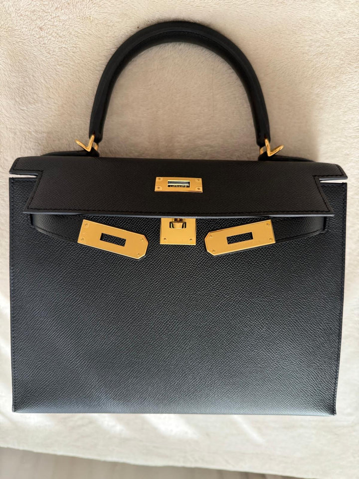 Hermès Kelly 28 Black Sellier Epsom Leather GHW Stamp B 2023 Kept unused Box fresh
