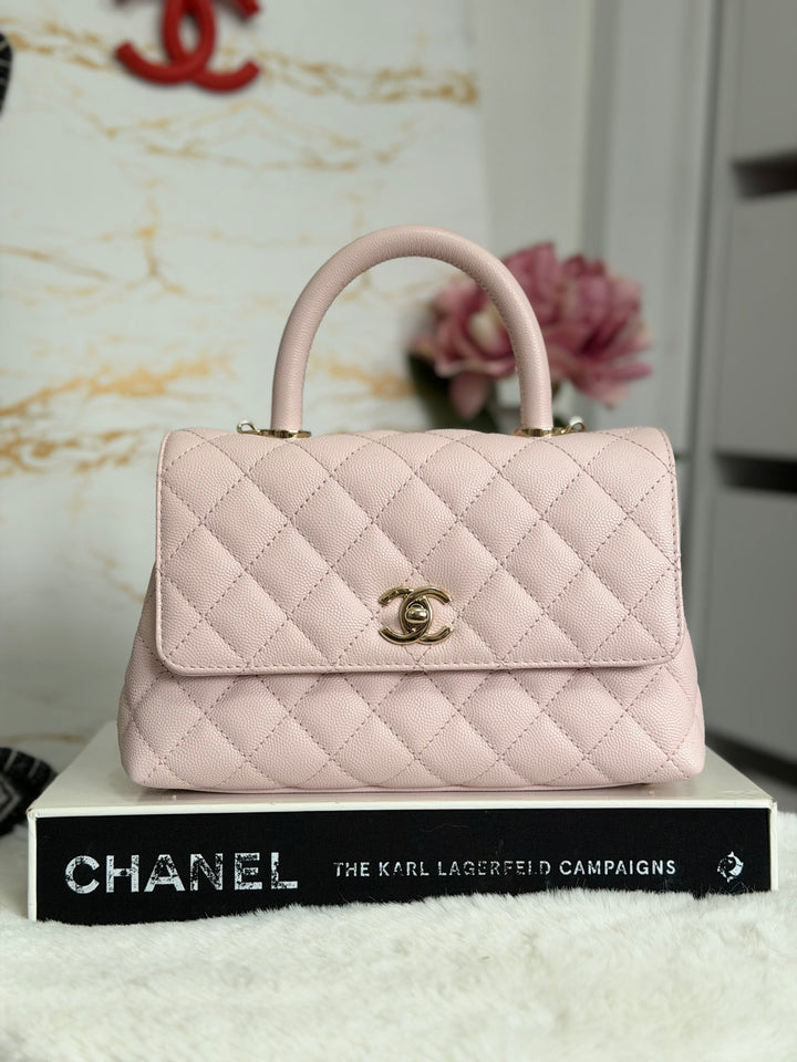 CHANEL 22P Sakura Pink Caviar LGHW Coco Handle Flap Bag with detachable strap 2022 size SMALL