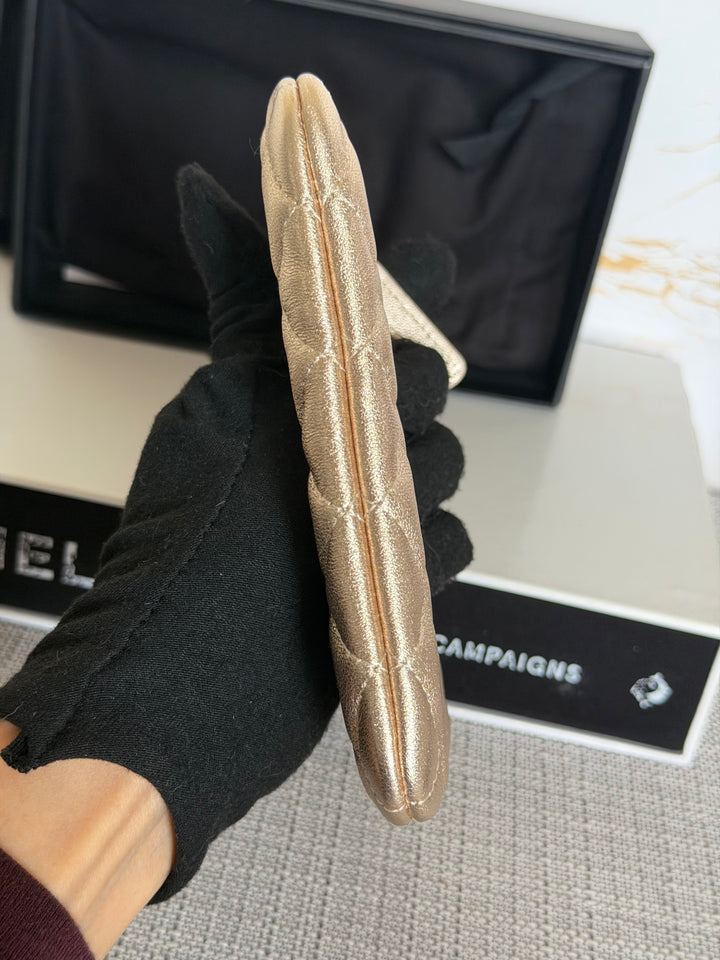 CHANEL 21P Metallic Gold Lambskin LGHW Mini O Case Pouch 15 cms