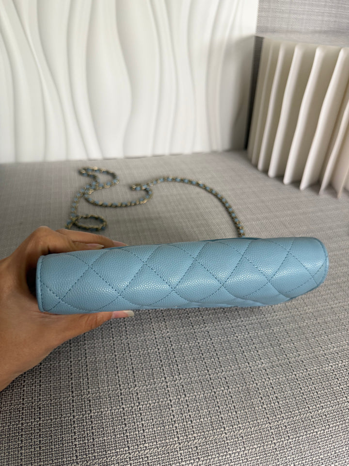 CHANEL 22S Collection 2022 Baby Blue/ Light Blue Caviar LGHW Classic Wallet on chain (WOC)