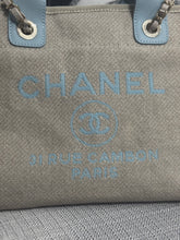 Load image into Gallery viewer, Chanel Beige And Light Blue Mixed Fibres Deauville Tote with Leather Top Handle Size Small
