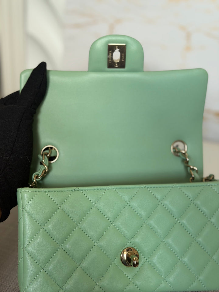 CHANEL Pastel Green Lambskin LGHW Mini Rectangular Flap Bag 2024 8 inches 20 cms