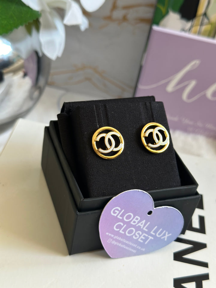 Chanel 22S White & Gold Circle Earrings