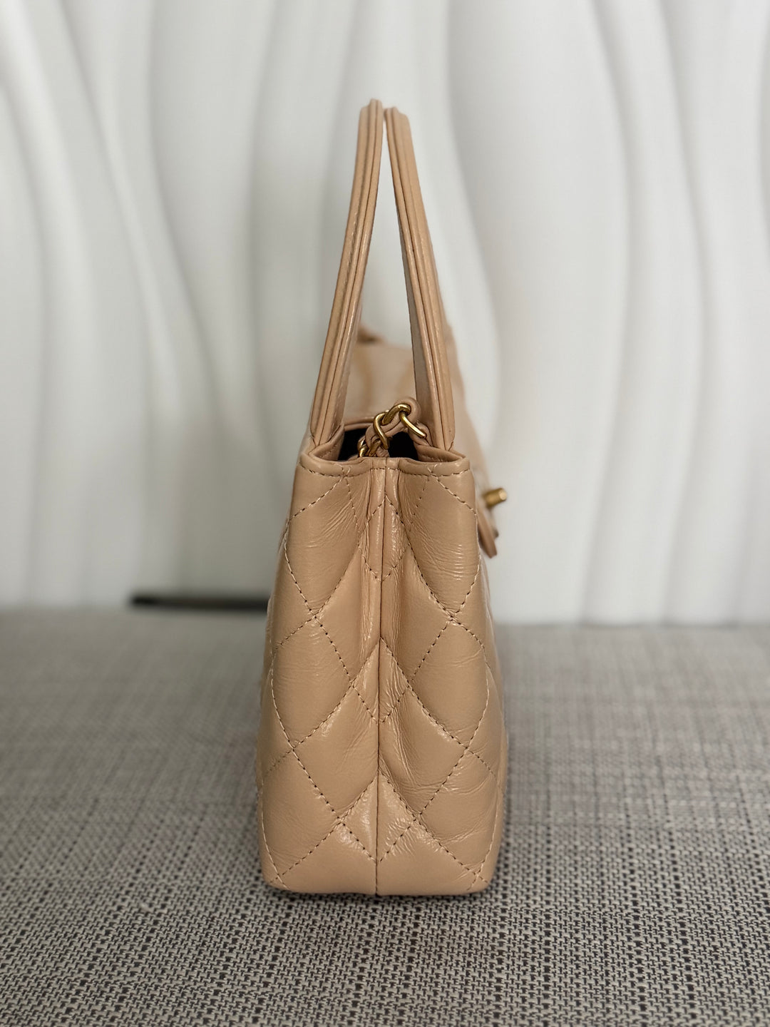 CHANEL 25C Powder Beige Calf Skin aged GHW Kelly Nano Shopping Bag Size Small 19 cms