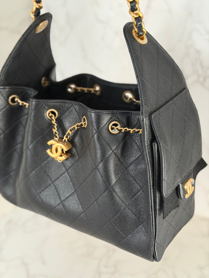 CHANEL 25 2025 size SMALL in Black Caviar Aged GHW Hobo Bag