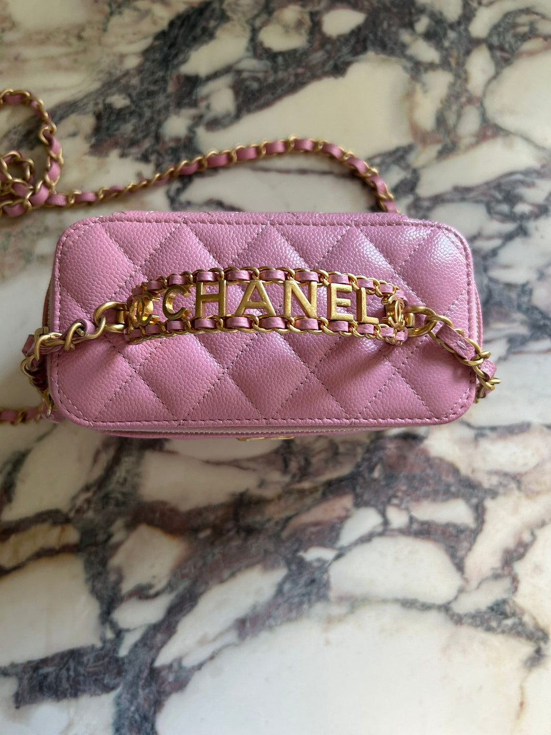 CHANEL 22S Mauve Pink Caviar Aged GHW SMALL Vanity with Metal and Leather top handle 2022
