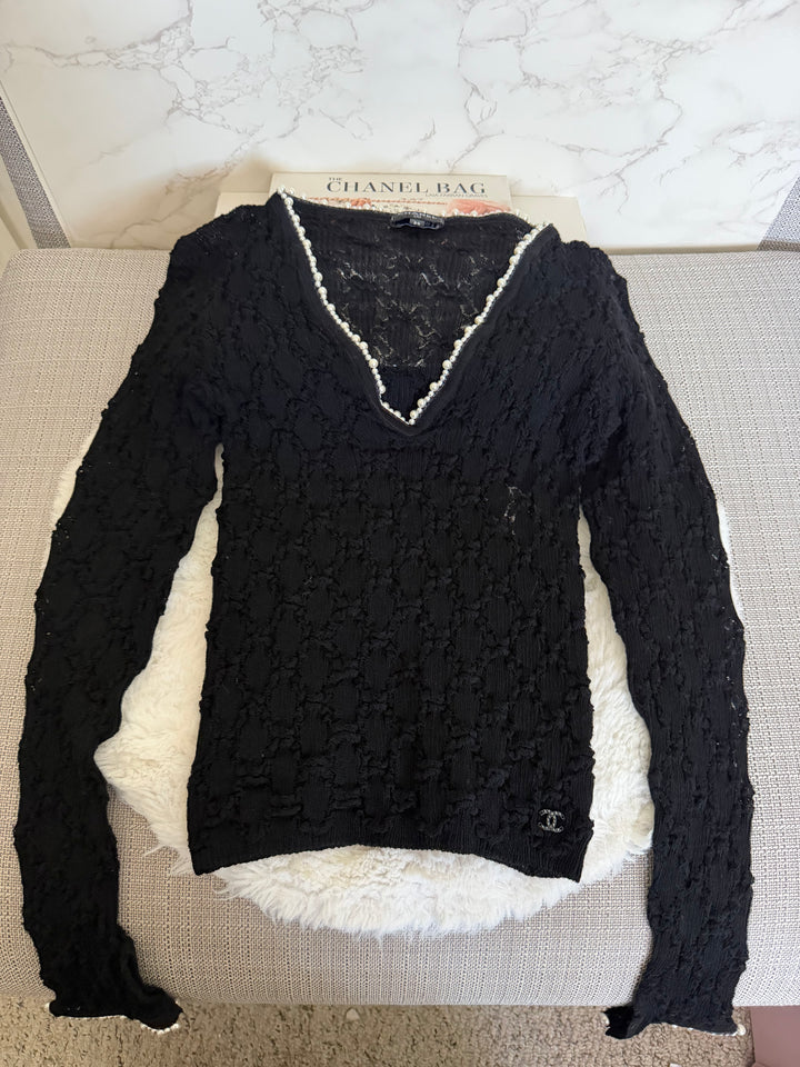 CHANEL 22B Pearl Round the Neck Black Lace Top 2022 size EU 34