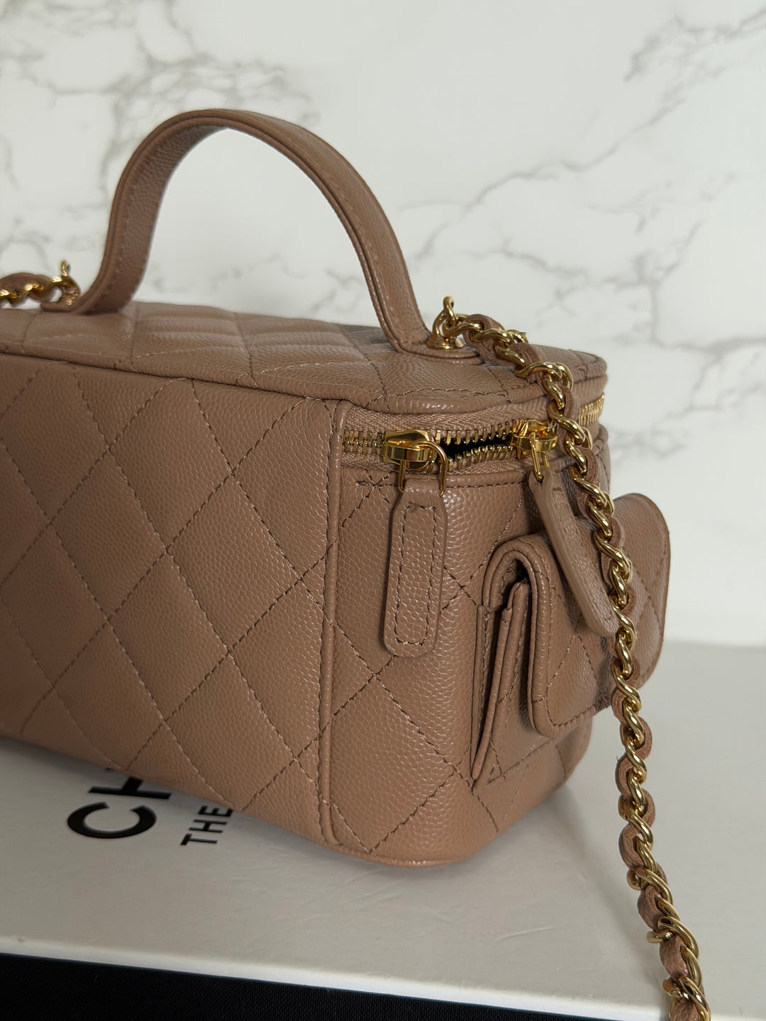 CHANEL Dark Beige Caviar Cargo Polly Pocket Vanity Case with Top Handle GHW 2023