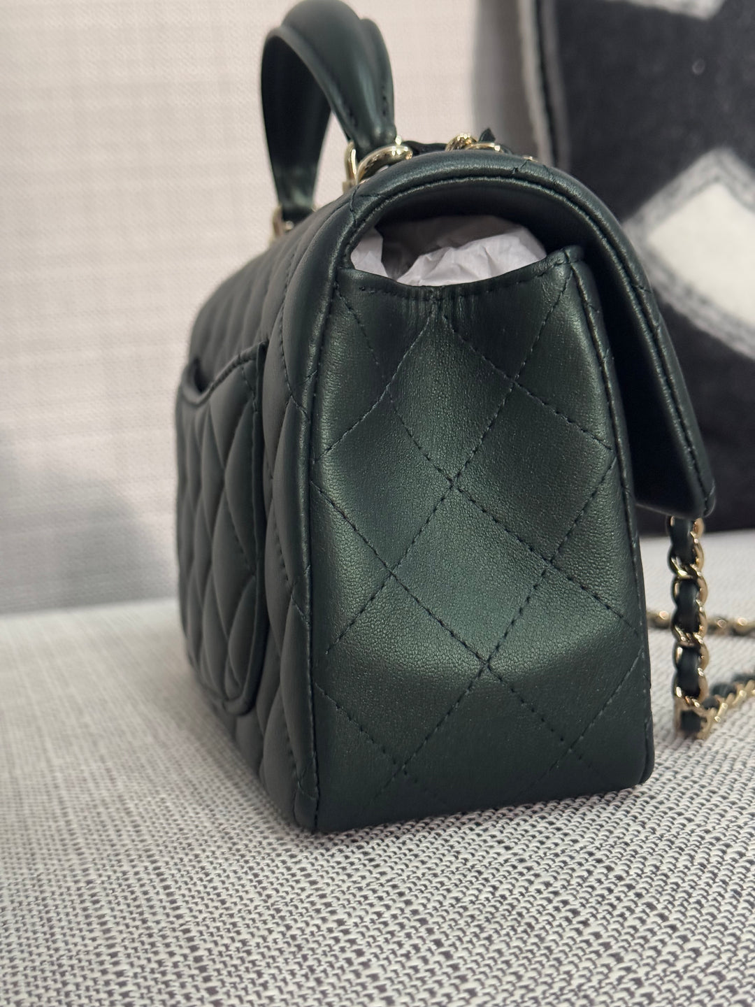Chanel Iridescent Dark Green Lambskin Mini Rectangular Flap Bag with Top Handle and Champagne GHW