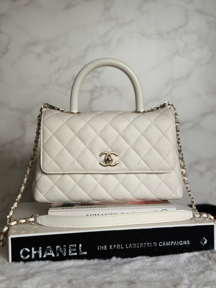CHANEL White Caviar LGHW Coco Handle Flap Bag Size SMALL with detachable Strap Microchipped