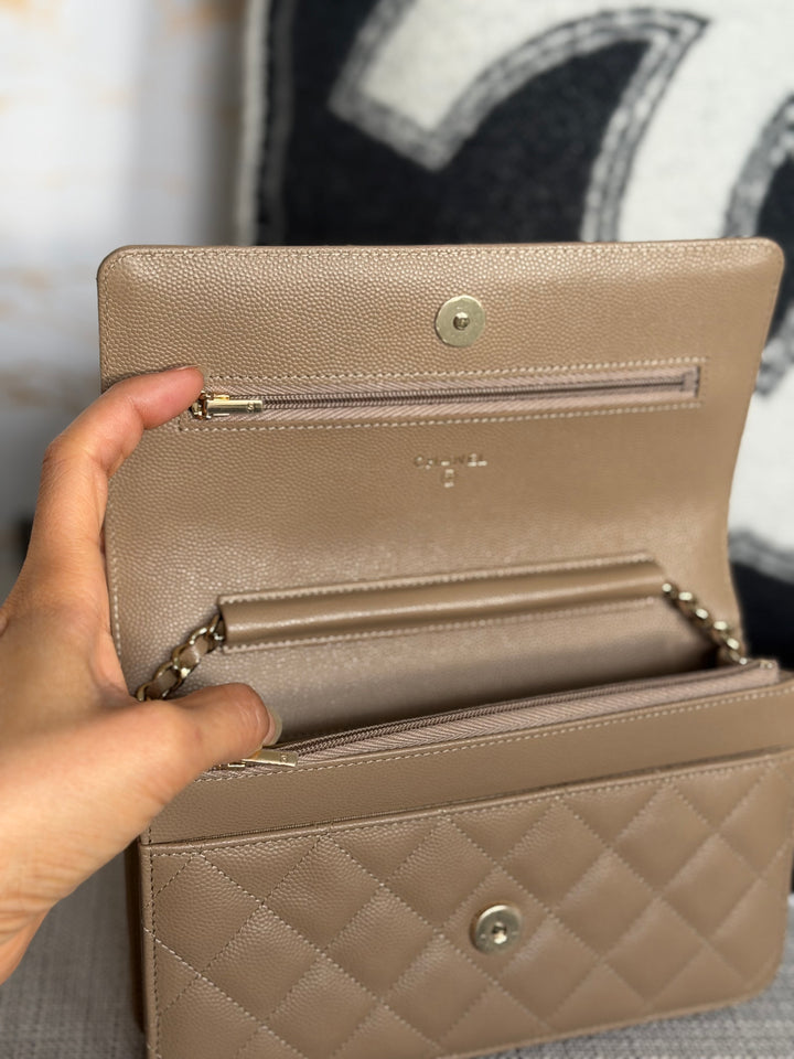 CHANEL 22A Dark Beige Caviar LGHW Classic Wallet on chain (WOC) 2023