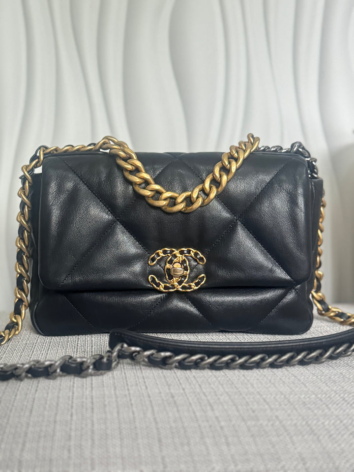 CHANEL 19 Size Small Black Lambskin Mixed Hardware Flap bag with Top Handle