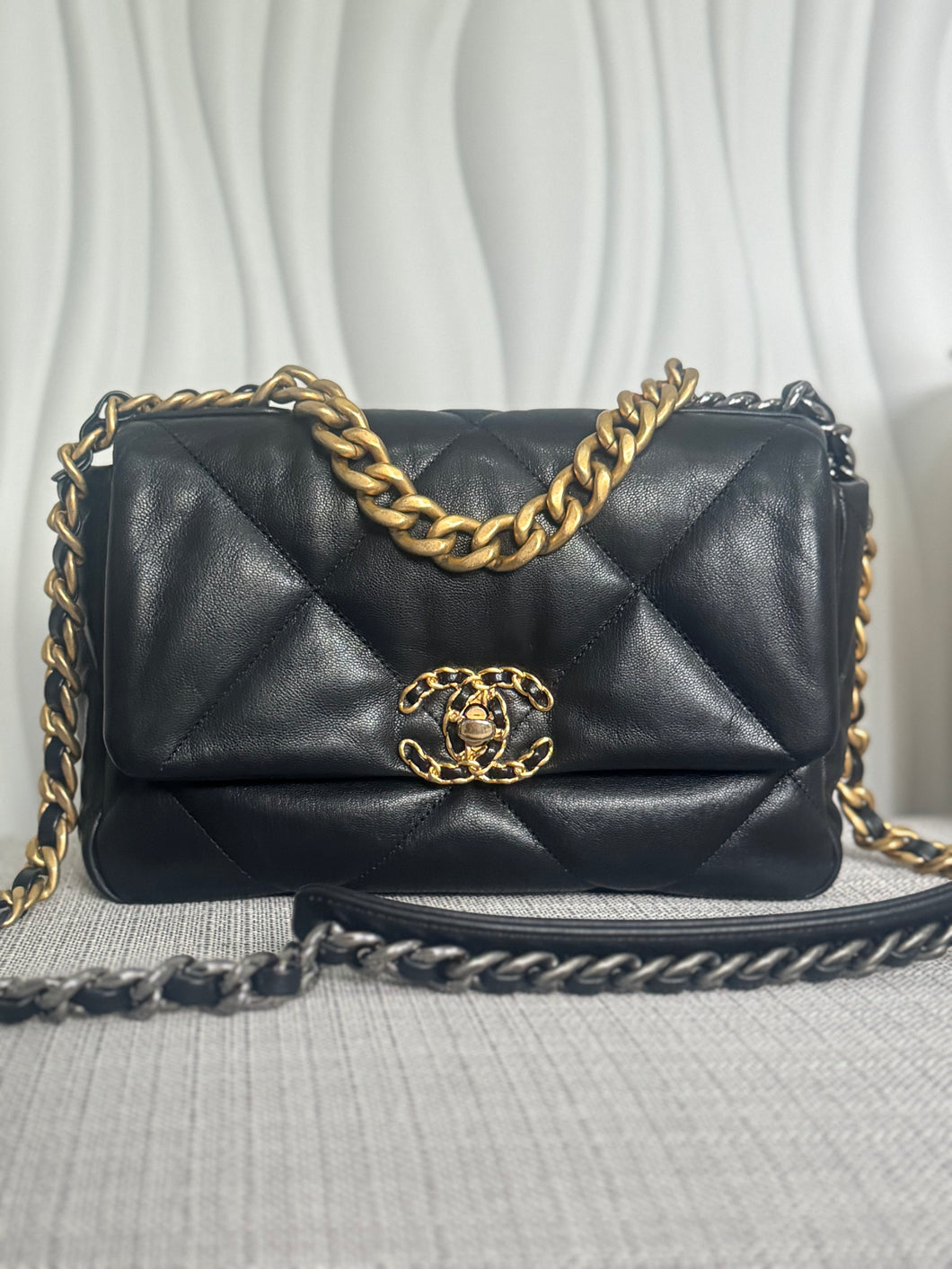 CHANEL 19 Size Small Black Lambskin Mixed Hardware Flap bag with Top Handle