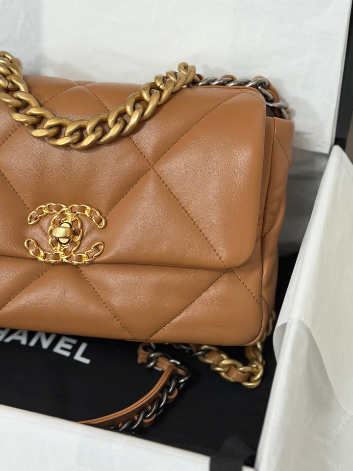 CHANEL Caramel Brown Lambskin Mixed Hardware 19 Size Small Medium Flap bag from 2022