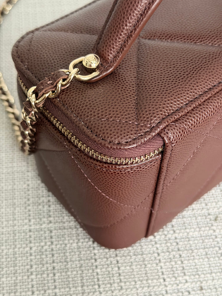 CHANEL 25K 2025 collection Brown Caviar LGHW Leather Top Handle Small Vanity with Chain