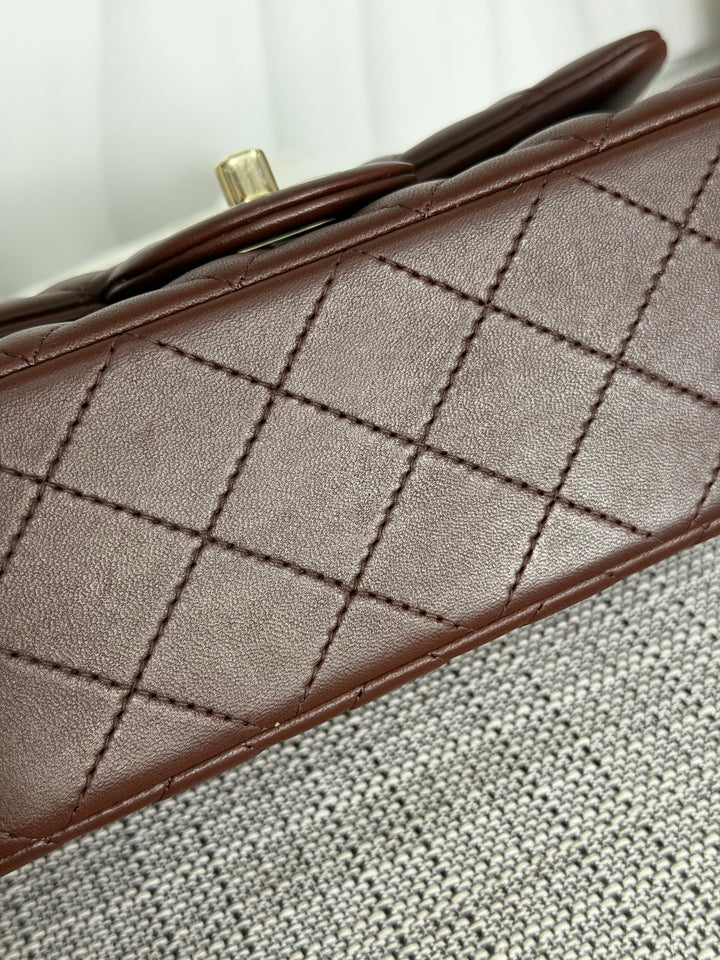 CHANEL 25K collection 2025 Brown Lambskin LGHW Mini Rectangular Flap Bag with Leather Top Handle