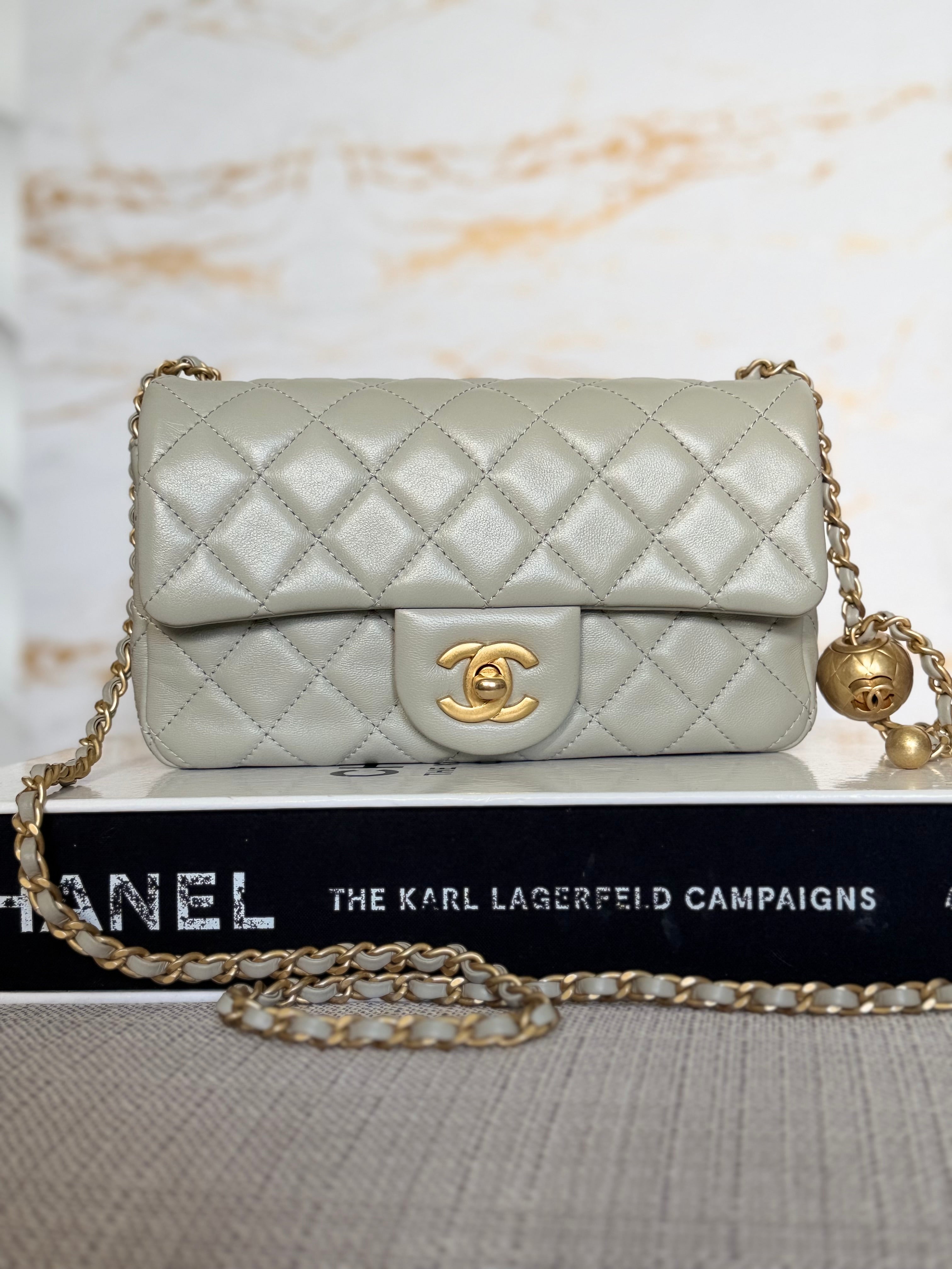 CHANEL Grey Lambskin Aged GHW Pearl Crush Adjustable Chain Mini