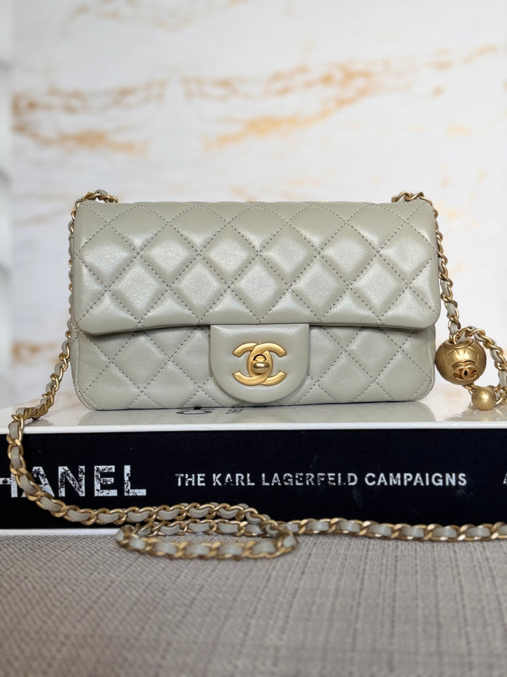 CHANEL Grey Lambskin Aged GHW Pearl Crush Adjustable Chain Mini Rectangular Flap Bag 2021