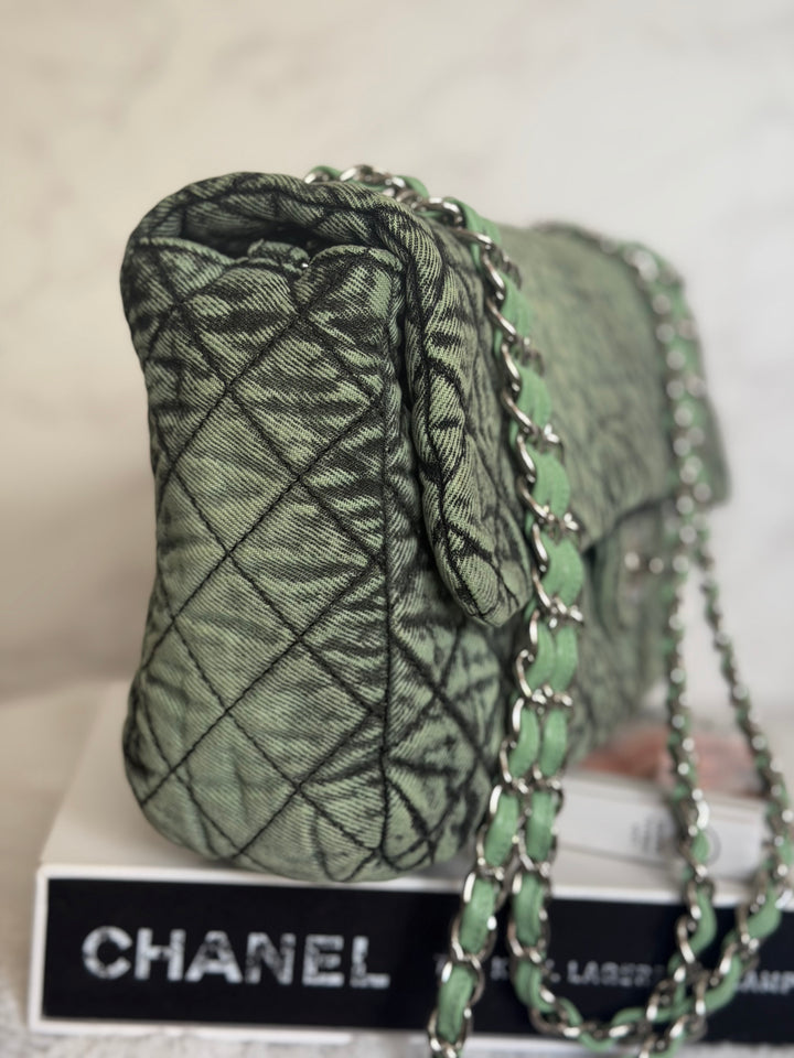 CHANEL 20C series 29 Green Denim Jumbo SHW Denimpression Flap Bag 2020