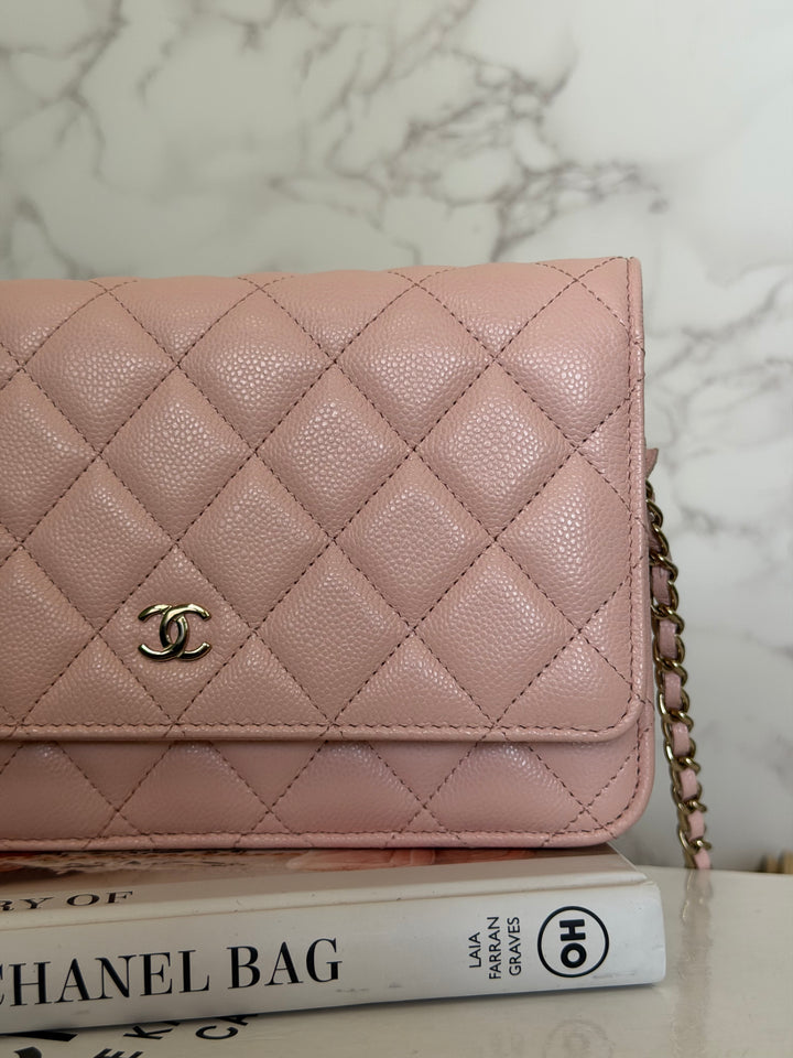 CHANEL Light pink/Nude pink caviar LGHW Classic Wallet on chain (WOC) 2024