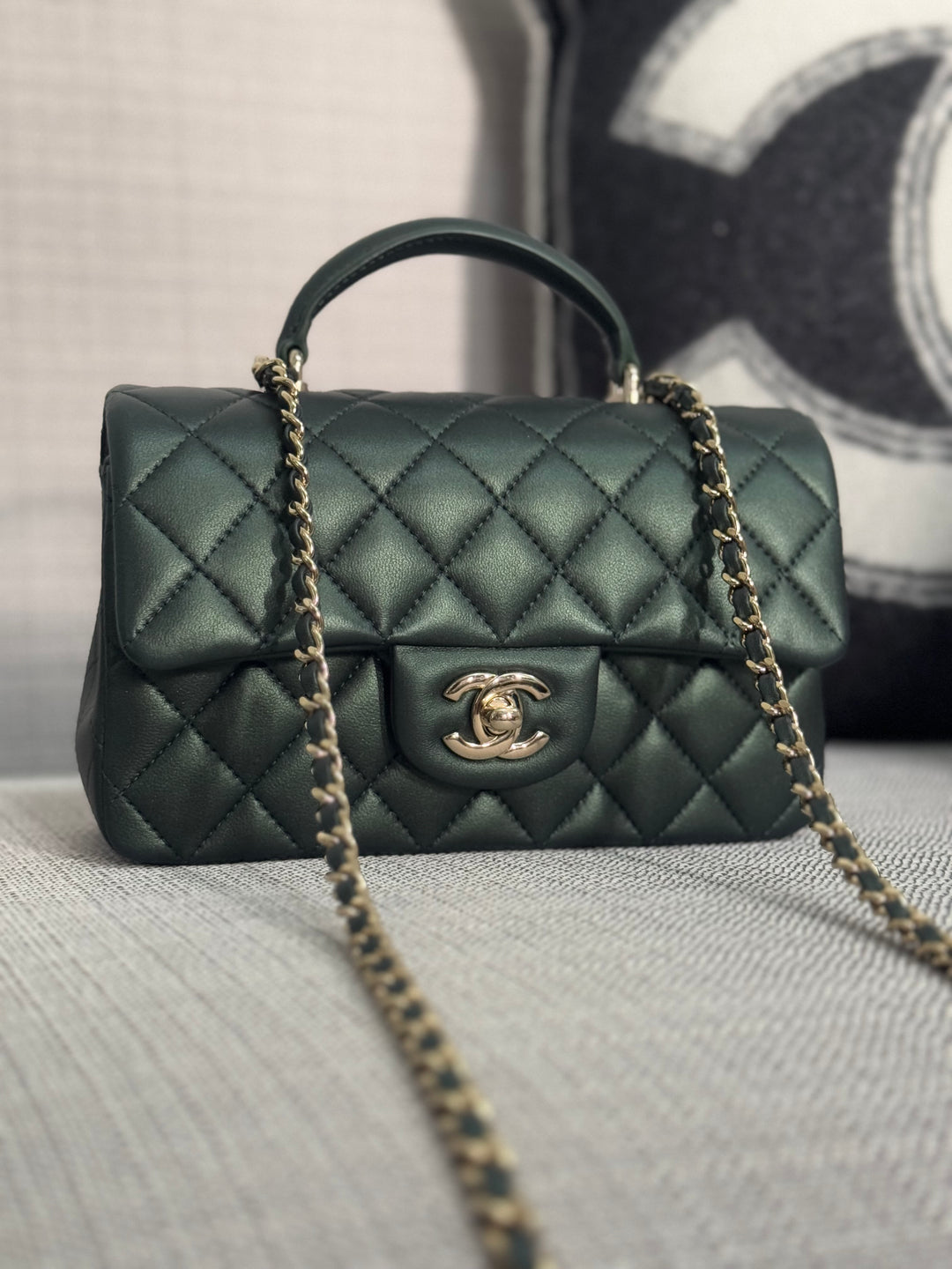 Chanel Iridescent Dark Green Lambskin Mini Rectangular Flap Bag with Top Handle and Champagne GHW