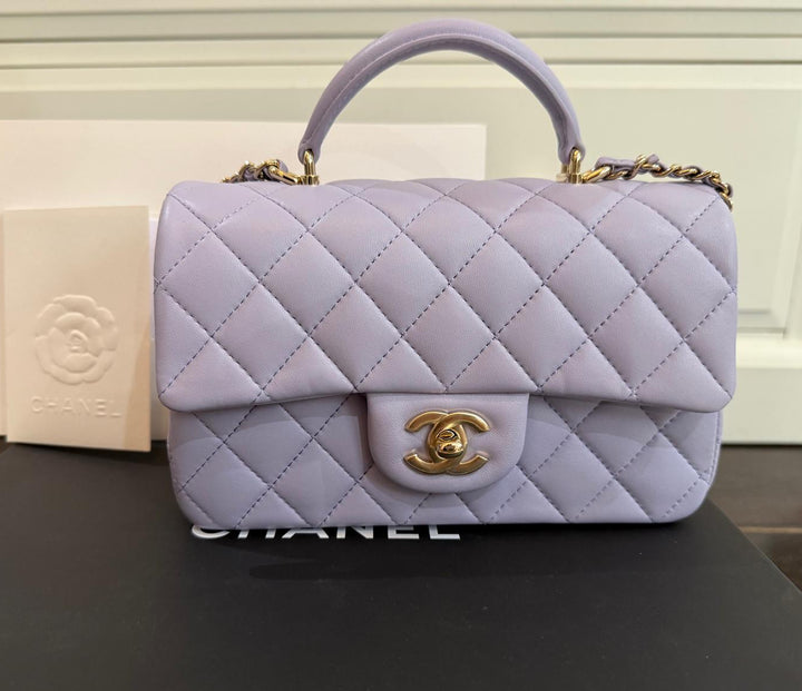CHANEL 21K collection 2021 Light Purple Lambskin LGHW Mini rectangular flap bag with Leather Top Handle