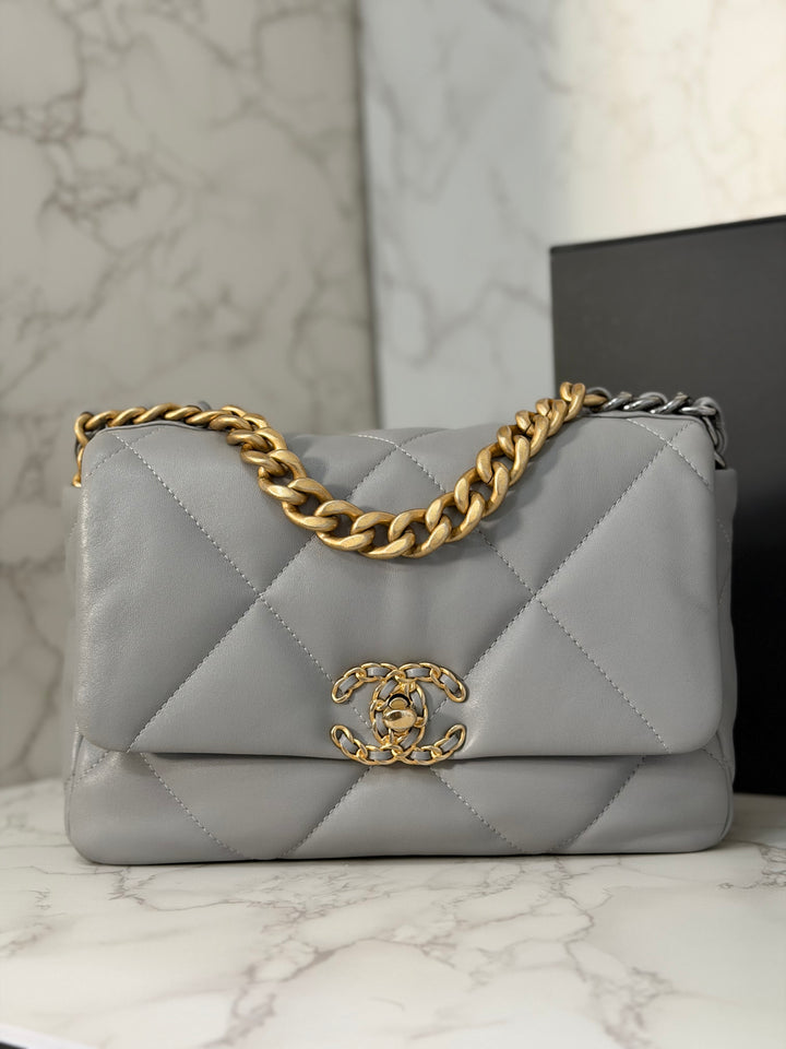 CHANEL 19 size Small Grey Lambskin Mixed Hardware 21B 2021 Flap Bag with Top Handle