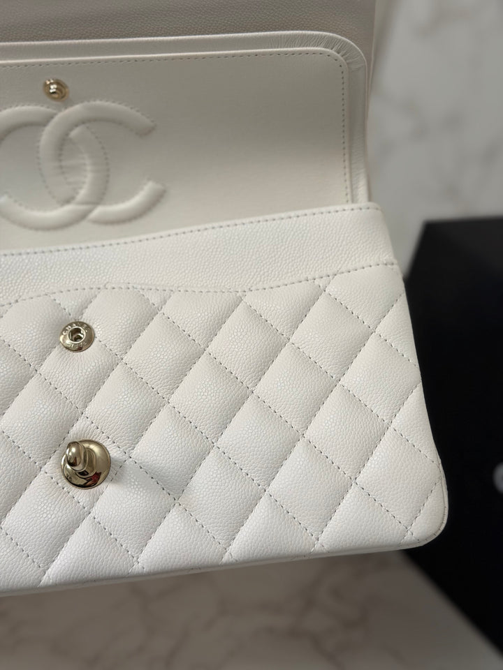CHANEL 2023 White Caviar LGHW Medium ML Timeless Classic Double Flap Bag