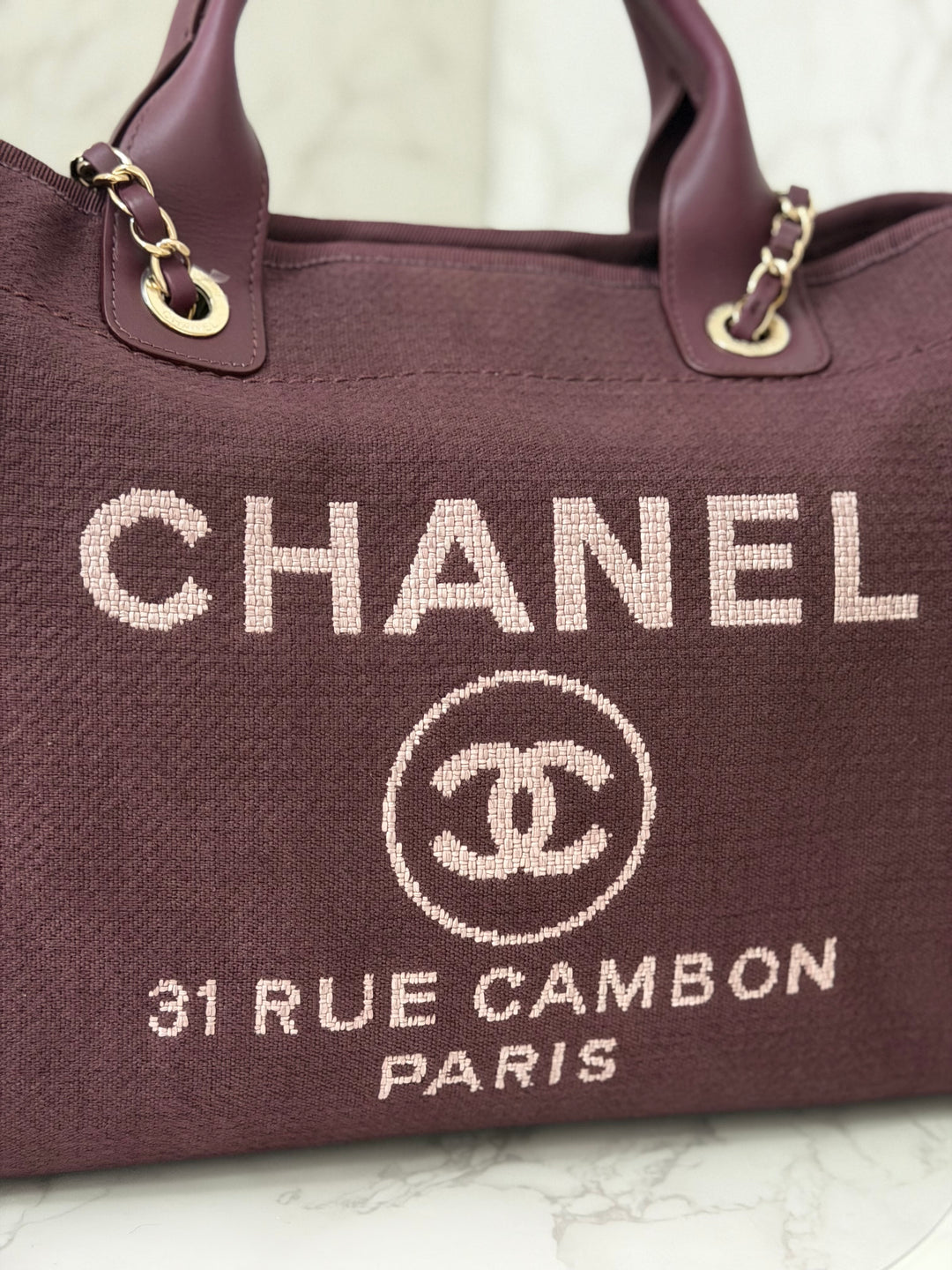 Chanel 24B Collection 2024 Burgundy Tweed Deauville Tote with Leather top handle size small and Detachable pouch