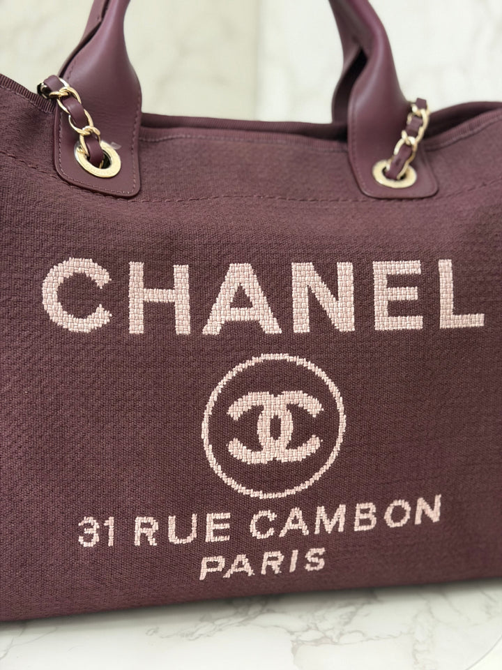 Chanel 24B Collection 2024 Burgundy Tweed Deauville Tote with Leather top handle size small and Detachable pouch