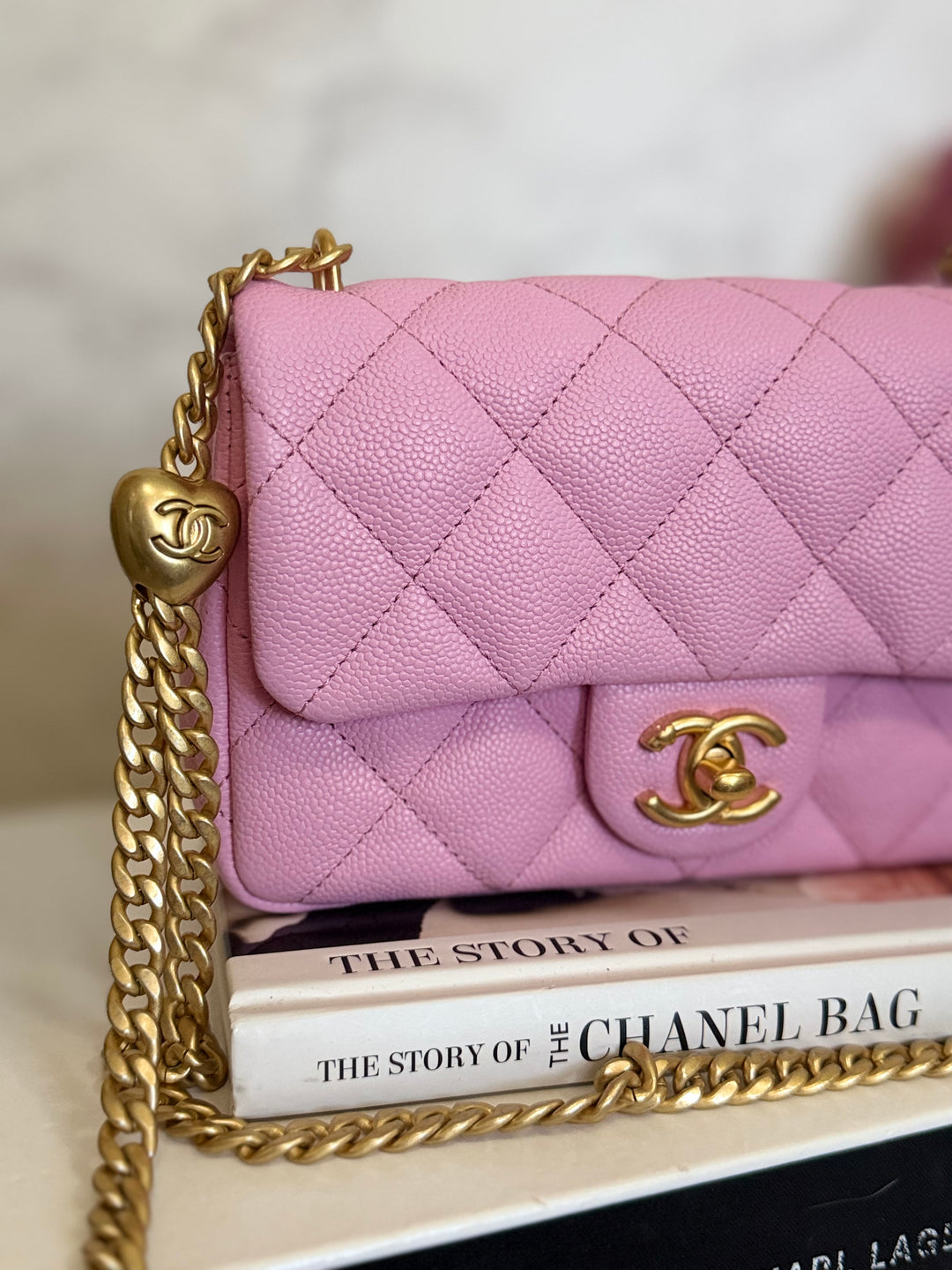 CHANEL 23P Mauve Pink Caviar Heart Adjustable Chain Aged GHW Mini Flap Bag 2023