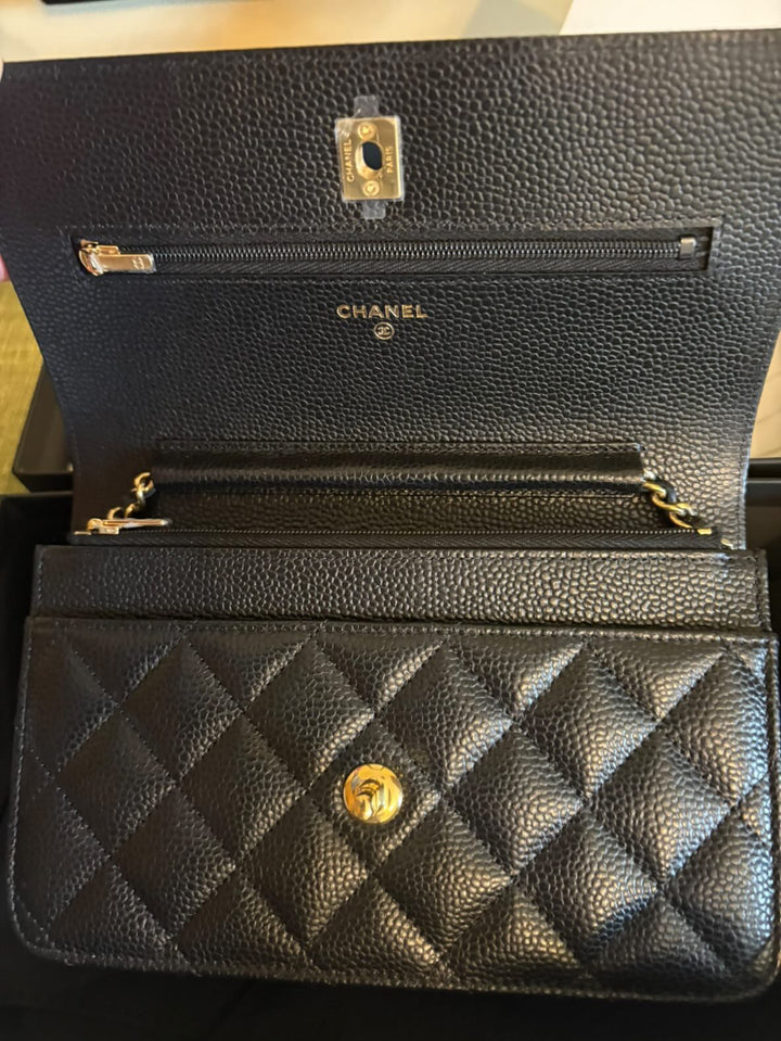 CHANEL Black Caviar GHW Turnlock New Style Classic Wallet on Chain (WOC)