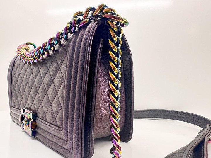 Chanel 16C 2016 Cruise collection series 21 Purple Iridescent Calf skin rainbow mermaid hardware Le Boy Old Medium Flap Bag