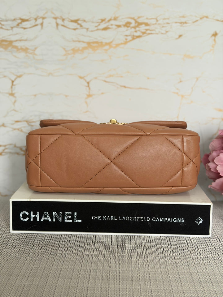 CHANEL Caramel Brown Lambskin Mixed Hardware 19 Flap Bag size SMALL 2022