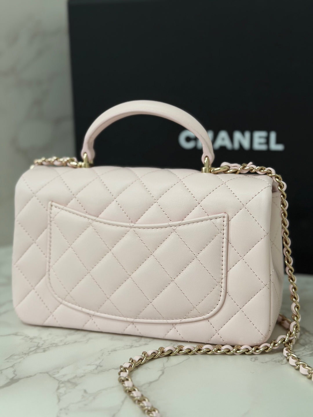 CHANEL 22P 2022 Sakura Light Pink Lambskin LGHW Mini Rectangular Flap Bag with Top Handle
