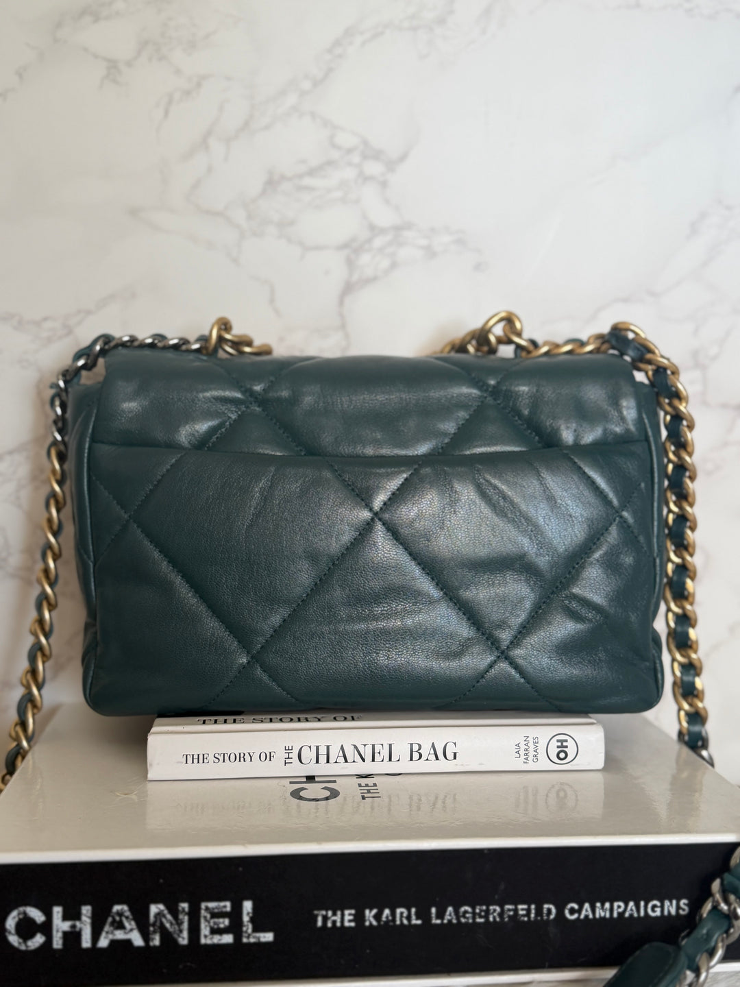 CHANEL 19 size SMALL in 20B Teal Dark Green Goat skin mixed hardware 2020