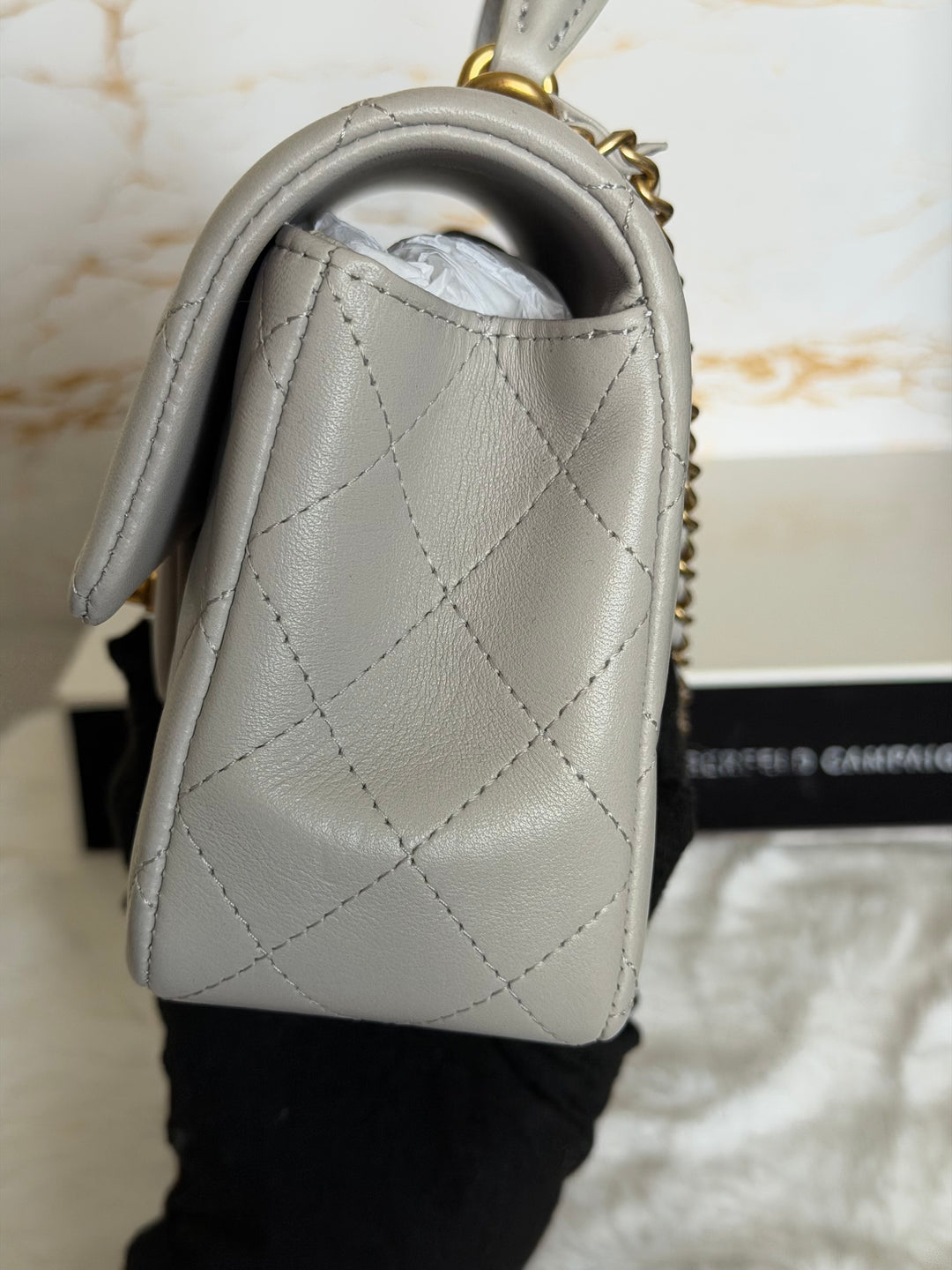 CHANEL Grey Lambskin Aged GHW Top Handle Mini Rectangular Flap Bag 2021 21A collection
