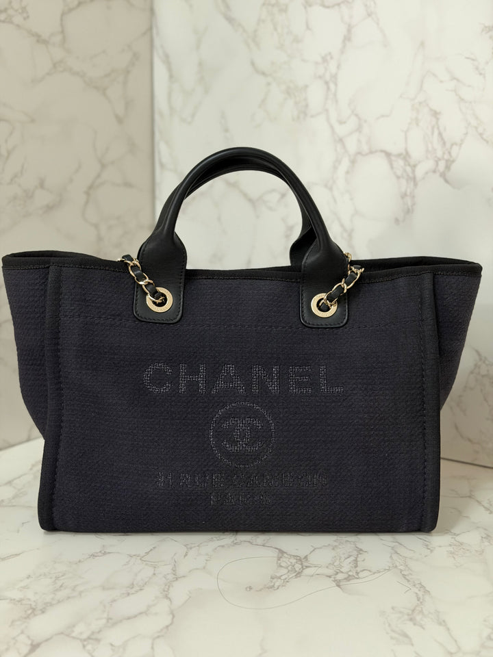 CHANEL 22B 2022 Black Tweed Deauville Tote size Small with Top Handle LGHW and Detachable Pouch