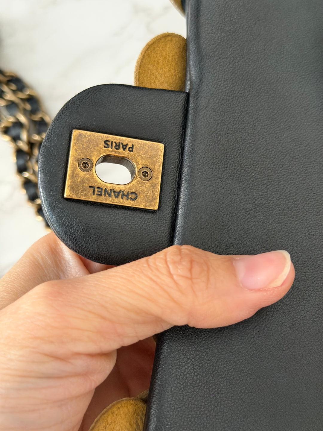 CHANEL series 21 Black Metallic Gold Camellia Flower Lambskin Mini Rectangular Flap Bag with Vintage GHW