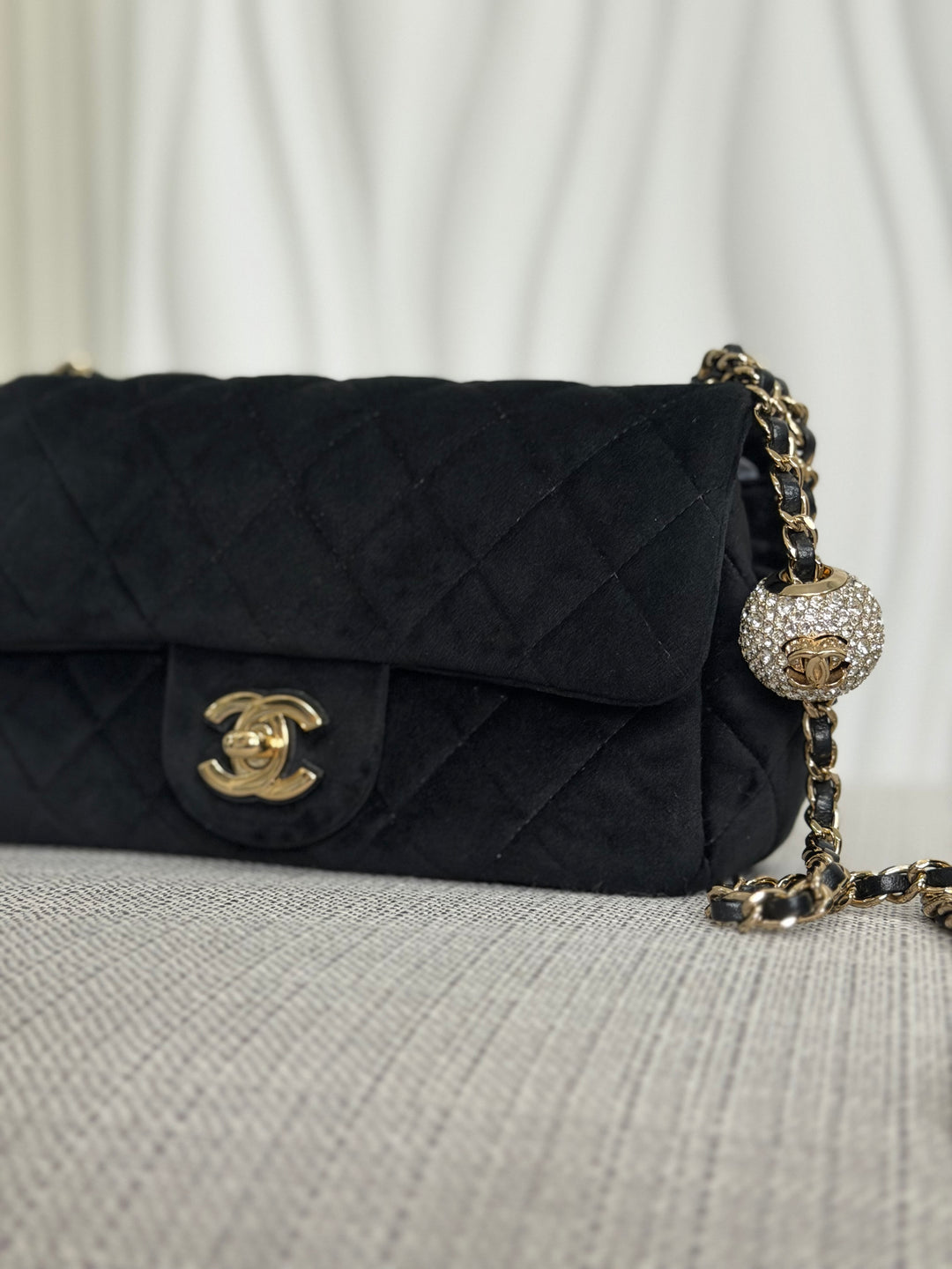 CHANEL series 30 2020 20K collection Black Velvet Crystal Pearl Crush Adjustable Strap LGHW Mini Rectangular Flap Bag