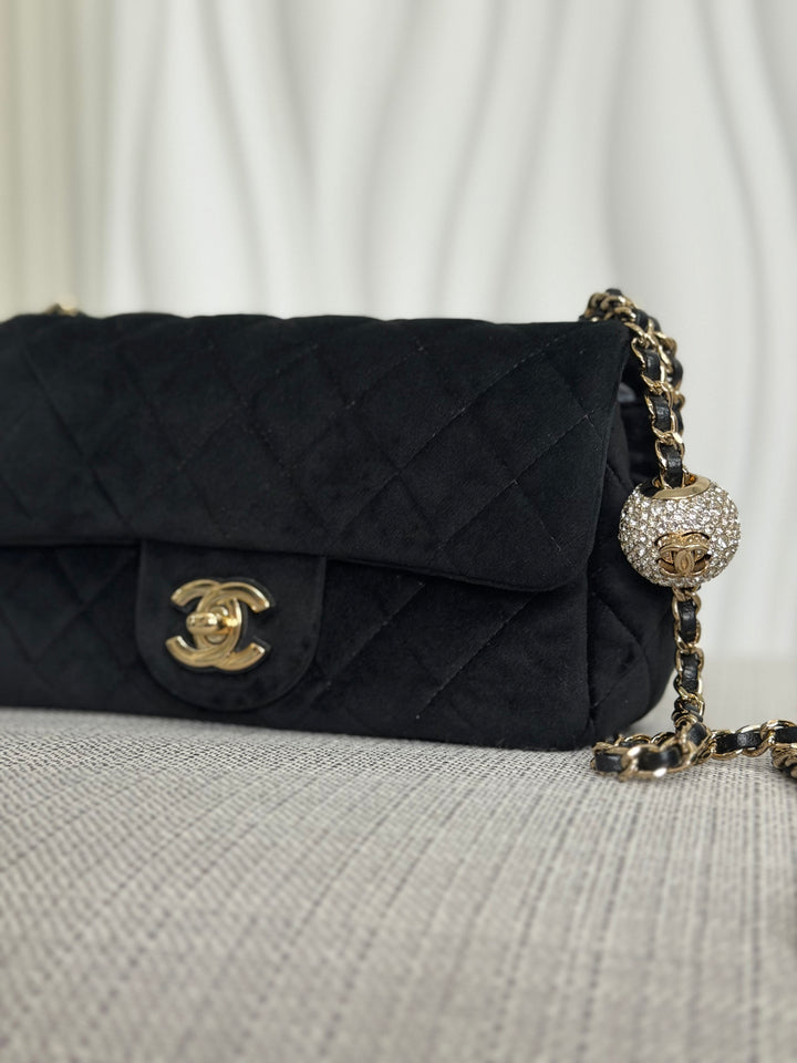 CHANEL series 30 2020 20K collection Black Velvet Crystal Pearl Crush Adjustable Strap LGHW Mini Rectangular Flap Bag